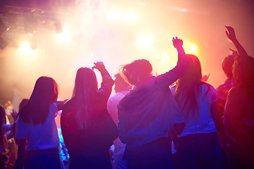 Image showing Crowd, people dancing at concert or music festival from back, neon lights and energy at live event. Dance, fun and group of excited fans in arena at rock band performance or audience at rave party.