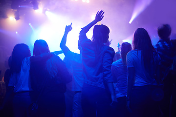 Image showing Purple, neon light and people dancing at music festival from back, night and energy at live concert event. Dance, fun and group of excited fans in arena at rock band performance or crowd at party.
