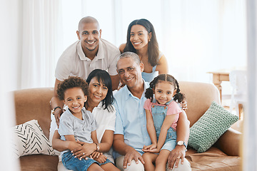 Image showing Portrait, big family and smile in home on sofa, bonding or having fun in living room. Grandparents, parents and happiness of children, care and enjoying quality time together on couch in lounge.