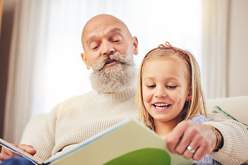 Image showing Grandfather, girl and family reading in a house with learning and child development at home. Books, story and education on a living room sofa with grandpa and kid together in a conversation with love