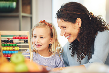 Image showing Education, abacus and mother and girl in home for lesson, homework and study for school. Child development, family and happy mom and kid with educational toys for learning math, play and fun activity