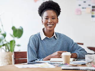 Image showing Business, woman and portrait of a copywriting employee with happiness and smile. Document, African and black female person and young happy face of a creative writer worker ready for office working