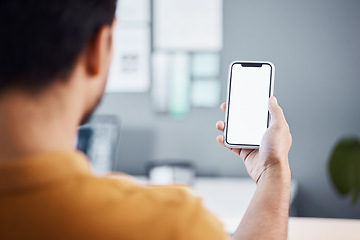 Image showing Man, hands and phone with mockup screen for advertising, marketing or social media at the office. Hand of male employee holding mobile smartphone display for communication or app with copy space