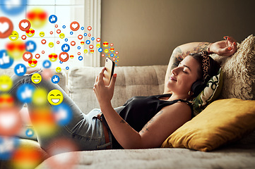 Image showing Headphones, social media icon or girl with a phone for music, online dating or listening to a podcast. Like, happy overlay or relaxed woman on mobile app, network or streaming radio with heart emojis