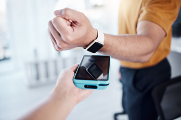 Image showing Digital, payment and smart watch with hands of people for finance, online banking and cashless. Technology, connection and pov of customer and machine for contactless, transaction and connection