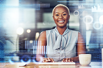 Image showing Black woman, business and typing with chart overlay in portrait with smile, keyboard and financial analysis. African businesswoman, holographic dashboard and happy with fintech, graph and accounting