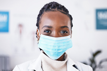 Image showing Doctor, portrait and covid mask on woman for healthcare, medical help and safety compliance in hospital. Face of professional African person with ppe health, wellness and medicine support in clinic