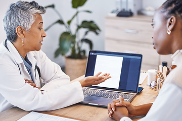 Image showing Showing results, talking and a doctor with a black woman for notes, plan and strategy for health. Discussion, help and a mature female gp speaking to an African patient about medical progress