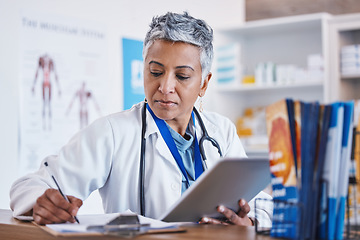 Image showing Doctor, woman and tablet for writing healthcare notes on medical or medicine research in hospital. Professional female worker with technology for internet information, results or planning schedule