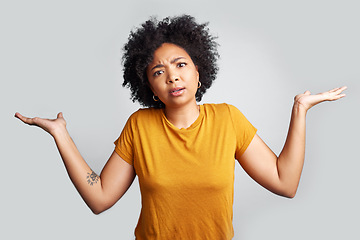 Image showing Confused, decision and portrait of African woman in studio with hand gesture for unsure, doubt and dont know. Thinking, what emoji and female person on white background for shrug, question and choice