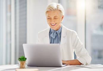 Image showing Laptop, smile and senior business woman in office excited for research, idea and mission plan. Online, project and happy elderly female manager cheerful while typing, browsing and planning proposal