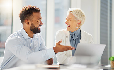 Image showing Happy, office laptop and people laugh at funny cooperation joke, advertising plan or sales trend insight. Comedy, diversity colleagues and collaboration team work on statistics, data or analytics