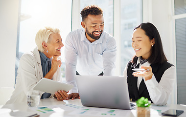 Image showing Diversity, laptop and business people laugh, happy and review online chart, graphs or company progress insight. Funny joke, colleagues and group team work analysis of statistics, data or analytics