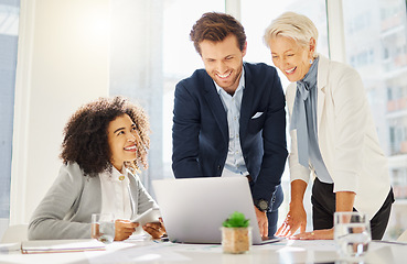 Image showing Laptop, laughing and happy business people smile for office achievement, KPI report or brand development progress. Teamwork, online information and corporate team excited for company growth success