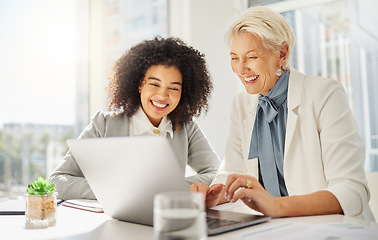 Image showing Office laptop, happy diversity people and mentor training onboarding woman on company system, software or work. Collaboration, team and senior business person working, teaching and coaching trainee