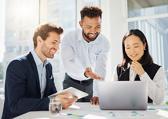 Image showing Smile, laptop or diversity people work on office review of customer experience feedback, business proposal or media project. Reading, colleagues or happy team cooperation on financial sales planning