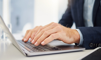 Image showing Laptop, closeup and hands of business man in office for research, planning and email. Website, online report and technology with closeup of male employee typing for idea, internet and digital