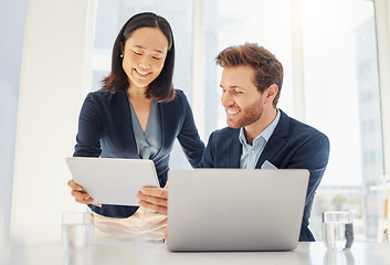 Image showing Tablet, computer and business people or manager support, teamwork and management for online tech company. Meeting, happy and corporate woman with boss or colleague on digital software and laptop