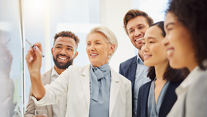 Image showing Board, business people and senior happy woman writing project plan, corporate sales strategy or planning company development. Brainstorming, ideas and group cooperation, team work and collaboration