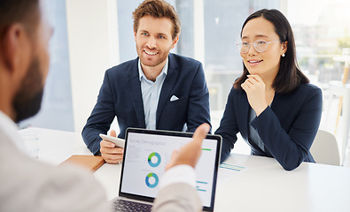 Image showing Collaboration, laptop graphs or happy business people, office team or colleagues review on progress insight, data or charts. Diversity, research analytics or staff cooperation on online web feedback