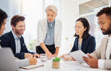 Image showing Collaboration, meeting and a manager business woman talking to her team in the boardroom for coaching. Teamwork, leadership and planning with an employee group in the office for a strategy workshop