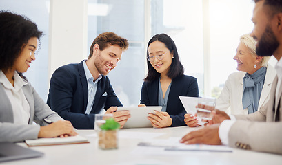 Image showing Meeting, digital tablet and business people in office for planning, creative and collaboration. Teamwork, strategy and group with diversity online for kpi, review and brainstorming, happy and excited