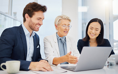 Image showing Laptop, happy and business people reading online research article, positive progress report or company innovation plan. Workplace, strategy success and diversity staff happiness for revenue growth
