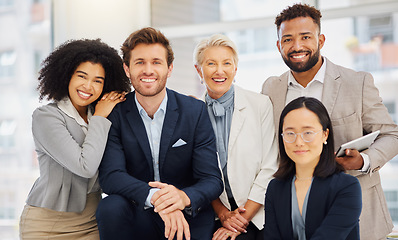 Image showing Corporate, happy and portrait of business people in office with confidence, pride and motivation. Teamwork, diversity and group of men and women with smile for success, company mission and happiness