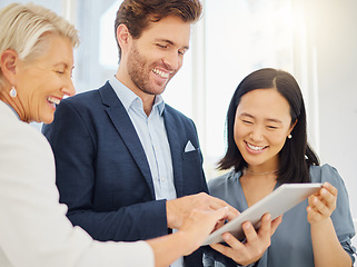 Image showing Teamwork, tablet and smile with business people in office for idea, support and collaboration. Diversity, technology and report with group of employees in corporate company for planning and strategy