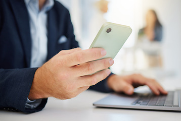 Image showing Phone, business and laptop with hands of man in office for research, planning and networking. Technology, digital and communication with male employee for contact, online connection and email