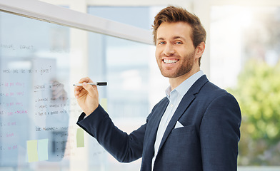 Image showing Board, happy office portrait and man writing project plan, corporate innovation or planning business development. Brainstorming, information and professional person smile for startup entrepreneurship