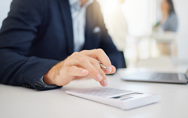 Image showing Businessman, hands and calculator for finance, budget or expense in accounting or planning at office. Hand of male accountant working on financial plan, strategy or investment of corporate expenses