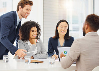 Image showing Diversity group, laptop and happy people, office team or colleagues working on finance banking, fintech or financial statistics. Smile, online insight and staff teamwork on workplace efficiency data