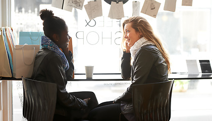 Image showing Coffee shop, women or friends in cafe in conversation, gossip or fun communication together. Bonding, diversity or happy girls talking, speaking or drinking tea or espresso chatting in discussion