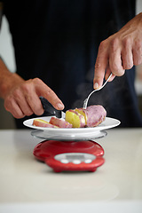 Image showing Scale, food and man weigh vegetable in kitchen to measure portion for calories, nutrition and balance diet. Cooking, meal prep and hands of male person cutting vegetables for lunch, dinner and supper