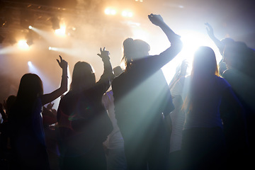 Image showing Dance, silhouette of people at music festival from back, lights and energy at live concert event. Dancing, fun and group of excited fans in arena at rock band performance or friends at party together