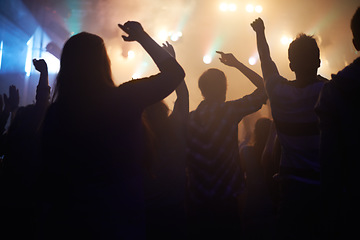 Image showing Lights, energy and people dancing at music festival from back, night and silhouette at live concert event. Dance, fun and group of excited fans in arena at rock band performance or crowd at party.