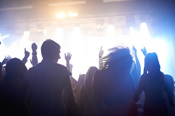 Image showing Music, lighting and people at concert, dancing and energy at festival from back together at live event. Dance, fun and group of excited fans at stage arena or rock band performance and crowd at party