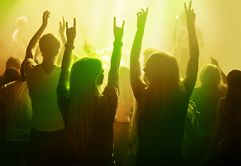 Image showing Rock music, friends and women dancing at concert or festival from back, yellow neon light and energy at live event. Dance, fun and excited fans in arena at band performance or crowd at party together