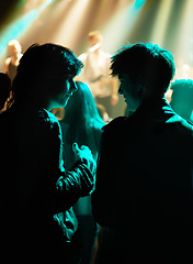 Image showing Neon, friends and fans at music festival, lights and crowd in silhouette at live band performance on stage. Happiness, excited people and discussion with lighting, excitement at rock concert together