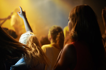 Image showing Back of woman in crowd, fan at concert or music festival watching rock event on stage. Girl in audience, excited fans at live band performance in arena or stadium with lights and energy at night show