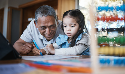 Image showing Learning, drawing and grandfather with girl in home for studying, homeschool and homework. Education, child and happy grandpa teaching kid, knowledge and art, writing and bonding in house with care.