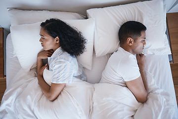 Image showing Divorce, stress and angry couple in bed from above after fight, argue or relationship trouble. Depression, infertility and insomnia by woman and man ignoring marriage crisis, fail or snoring issue