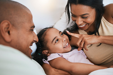 Image showing Love, happy family and people in bedroom talking or relaxing. Happiness or laughter, support or caring and loving parents with child playing or cheerful in the morning at their home or house