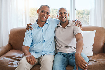 Image showing Portrait, senior man and happy son on living room sofa or happiness, retirement and family together on home couch. Elderly father, young guy and quality time on summer weekend, holiday or vacation