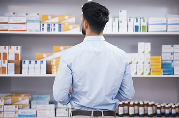 Image showing Pharmacy, medicine and back of man check shelf for medication, prescription and treatment. Healthcare clinic, drug store and male person reading boxes for medical product, supplements and antibiotics