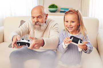 Image showing Grandpa, child and playing or gaming for entertainment with console controller in fun bonding on sofa at home. Happy grandfather and kid enjoying game, leisure or free time in living room together