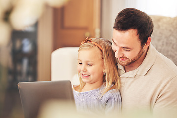 Image showing Tablet, dad and child learning on a kids education app on a living room sofa at home. Parent love, digital support and care from father and young girl looking at a cartoon and educational video