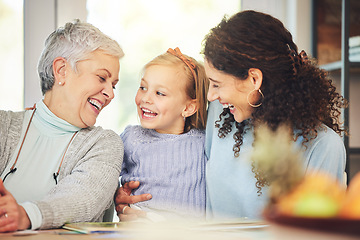 Image showing Grandmother, girl and mother laughing in home, playing and bonding together. Grandma, mama and happy child laugh at funny joke, humor or comic comedy, having fun and enjoying family time with care.