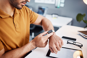 Image showing Time, notification and man with a watch at work for deadline, appointment or reading a message. Digital, technology and an employee with electronics for timing, organizer and connection in office